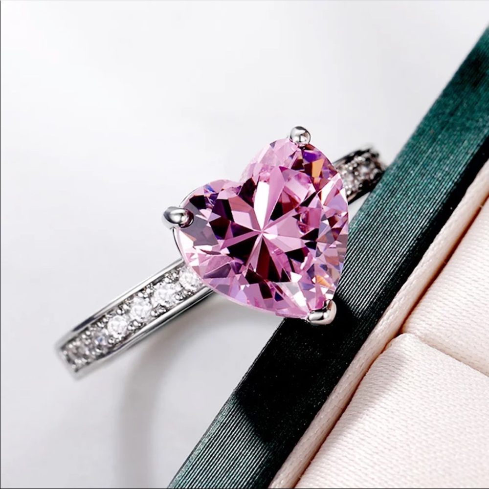 New Women’s 925 Silver Heart Pink Sapphire Ring - Picture 3 of 5
